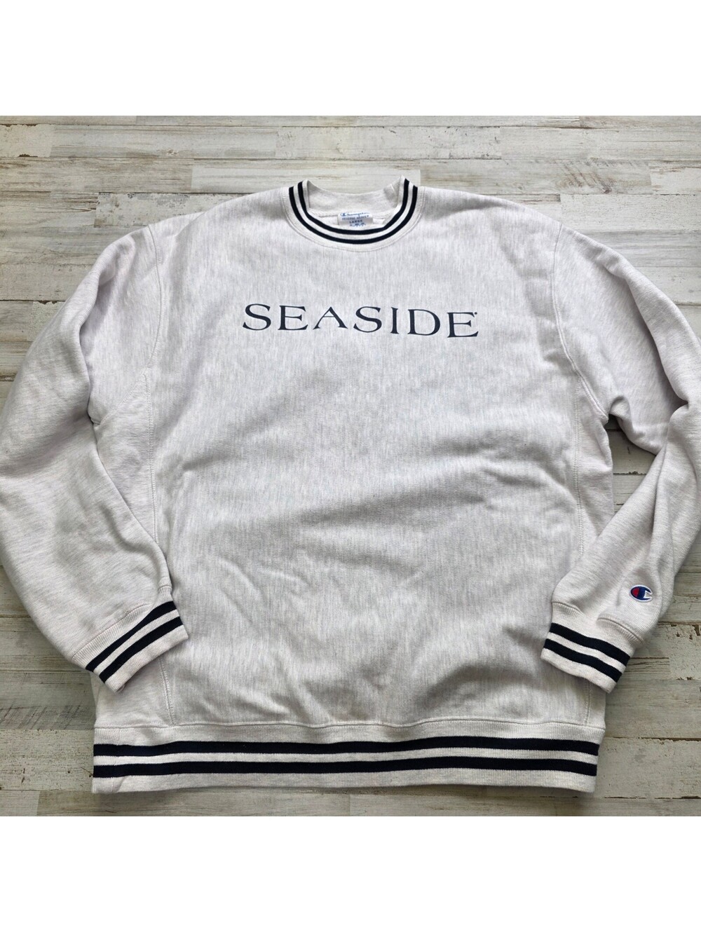 Champion Reverse Weave SEASIDE Crewneck Sweatshirt L Striped Ribbed College